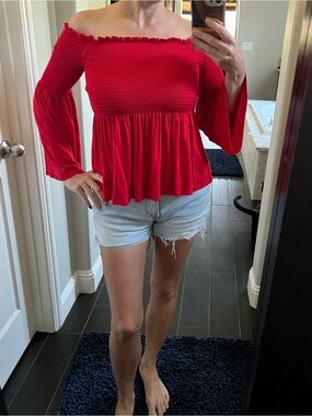 Sky and Sparrow Off-Shoulder Smocked Baby Doll Top in Red